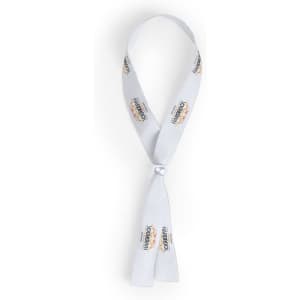 A white Mendol Bracelet featuring a central bead and decorative ends, showcasing a logo along the length.