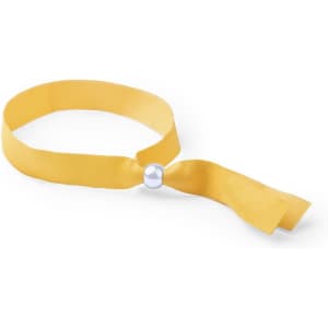 A yellow ribbon bracelet featuring a metallic bead in the centre and trailing ends. It has a smooth, glossy finish.
