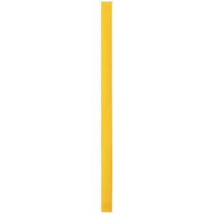 A long, slim yellow bracelet with a smooth texture and a branding logo.