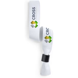 A white wristband featuring a logo, with a secure black fastening, designed for events and exhibitions.