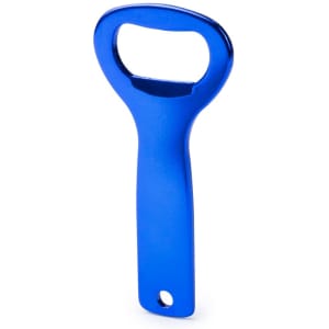 A drink bottle opener in a sleek blue finish with a rounded handle and a branding logo.