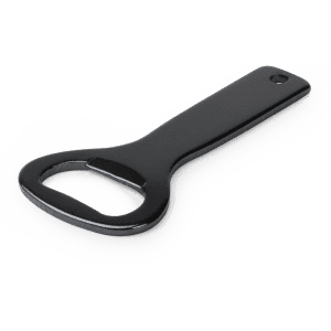 A drink bottle opener in black, featuring a flat handle and a circular opening end. Includes a logo.