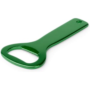 A green bottle opener with a flat handle and a rounded opening, featuring a logo.