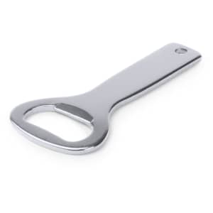 A drink bottle opener made of shiny silver metal, featuring a rounded end and a flat handle. It has a small hole for attachment.