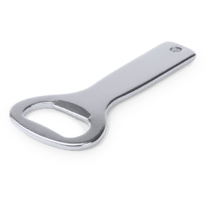 A drink bottle opener made of shiny metal, featuring a looped handle for easy gripping and a circular opening.
