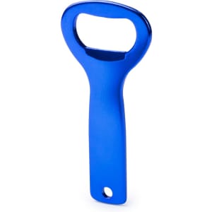 A drink bottle opener in a shiny blue finish. The design features a classic shape and includes a logo.
