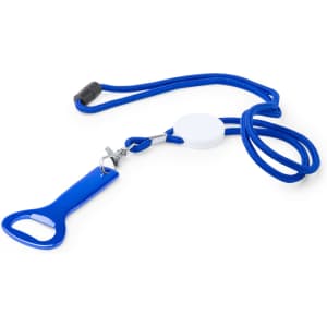 A drink bottle opener with a blue handle, attached to a blue lanyard, featuring a white circular connector and a branding logo.