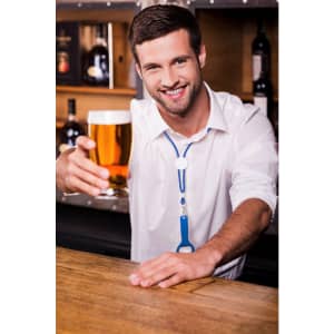 A drink bottle opener in blue is featured, held by a smiling man at a bar with a beer in hand.