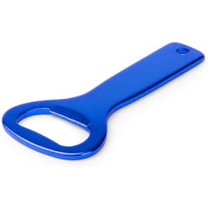 A blue bottle opener with a rounded handle and a hole for keyring attachment, featuring a logo.