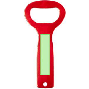 A drink bottle opener in bright red with a green rectangular section, featuring a logo. Ideal for keyrings or tools.