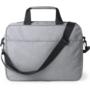 A grey document bag with handles and an adjustable shoulder strap, featuring a simple design and a logo.
