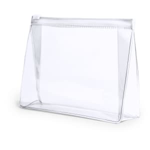 A clear, transparent toiletry bag with a zip closure and a sturdy base, featuring branding on the side.