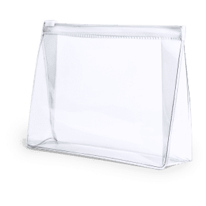 A clear cosmetic bag with a structured design, featuring a zip closure and a sturdy base.