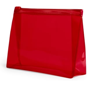 A red translucent toiletry bag with a zip closure, featuring a sleek, modern design and a logo.