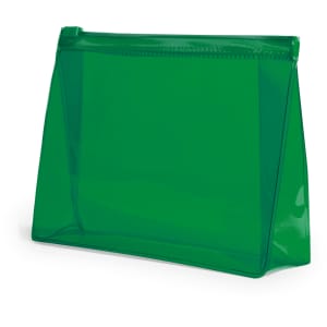 A bright green toiletry bag with a transparent design and a zip closure, featuring a logo.
