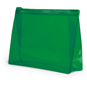 A transparent green toiletry bag with a zip closure, featuring a simple, sleek design and no visible branding.