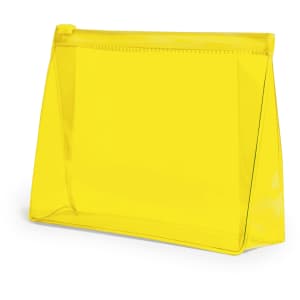 A bright yellow transparent toiletry bag with a zip closure and a sleek design, featuring a logo.