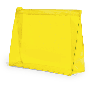 A bright yellow toiletry bag with a transparent design and a zip closure. It has a logo on the front.