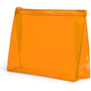 An orange transparent toiletry bag with a zip closure, featuring a sleek and modern design.