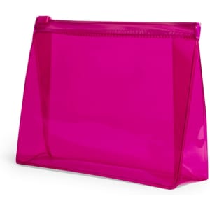 A bright pink toiletry bag with a transparent design and a zip closure, featuring a logo on the front.
