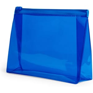 A transparent blue toiletry bag with a zip closure and a sleek, modern design, featuring a branding logo.