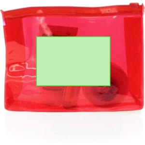 A translucent red toiletry bag containing various beauty products and accessories. The bag features a logo.
