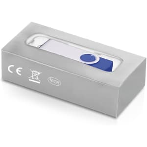 A blue and white 16GB USB memory drive in a grey box with a logo and clear window display.