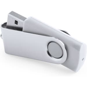 A reversible silver USB flash drive with a circular button and a swivel design. It includes a branding logo.