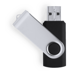 A black and silver Rebik 16GB USB memory flashdrive with a swivel design and logo.