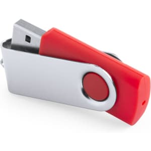 A red and silver USB flash drive with a swivel design, featuring a metal casing and a push-button mechanism.