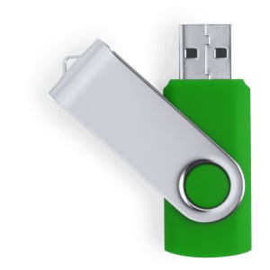 A green and white USB flash drive with a swivel design and a metal loop for attaching to keyrings.