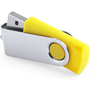 A yellow and silver USB memory stick in a swivel design, featuring a logo on the side.