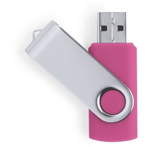 A pink USB memory stick with a silver swivel cap, featuring a branding logo.