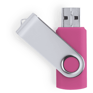 A pink and silver USB memory drive with a swivel cap and a keyring attachment.