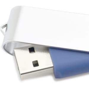 A silver and blue Rebik 16GB USB memory stick, partially inserted into a USB port. It has a logo on its surface.