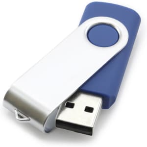 A 16GB USB memory drive featuring a blue and silver design with a swivel cap and a logo.
