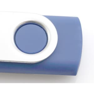 A blue USB flash drive with a silver circular button and a sleek design. It features a logo on its surface.