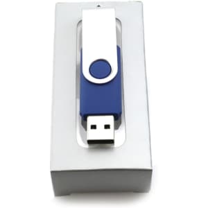 A blue USB memory stick with a silver swivel cover, packaged in a white box.