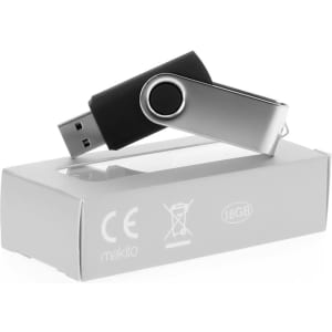 A silver and black 16GB USB memory drive is positioned on a clear box, featuring a logo on the box.