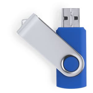 A blue and silver USB memory stick with a swivel cover and a circular keyring attachment.