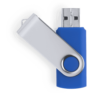 A blue and silver 16GB USB memory drive with a swivelling design and a circular hole for attachment.