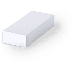 A white rectangular box with a smooth surface, featuring a logo on one side.