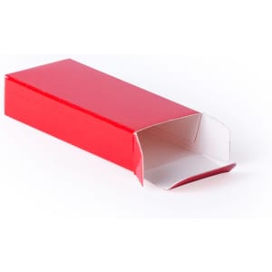 A red gift box with an open top, featuring a plain interior. It has a simple, rectangular design.