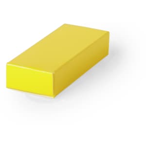 A yellow gift box with a glossy finish, featuring a logo on the surface. The box is rectangular in shape.