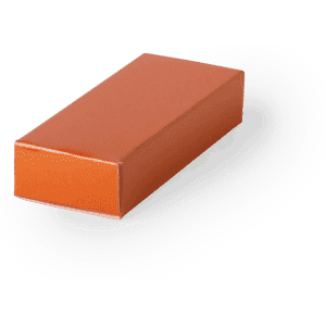An orange gift box with a smooth surface, featuring a logo on the side, suitable for promotional items.