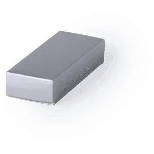 A silver flash drive in a sleek, rectangular shape, presented in a simple and modern design.
