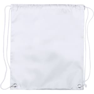 A drawstring bag in white with rope handles and metal eyelets. It features a simple design and has a logo.