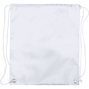 A white drawstring bag with two cord straps and metal eyelets for closure. It features a simple design and has a logo.