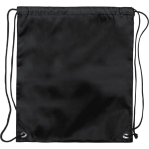 A black drawstring bag made of a smooth, durable material featuring a logo.