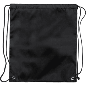 A black drawstring bag with silver eyelets and cords for closure, featuring a simple design.